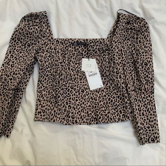 ZARA PUFF LONG SLEEVE LEOPARD CHEETAH CROP PEPLUM BALOON SLEEVE SWEETHEART NECK - Picture 4 of 7